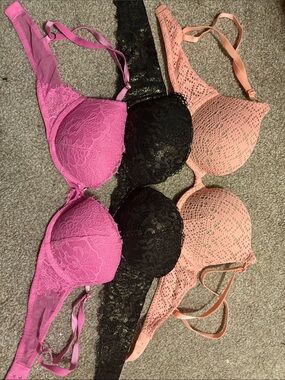 Victoria's Secret Lace Push-Up Bra Trio — Hot Pink, Black & Peach